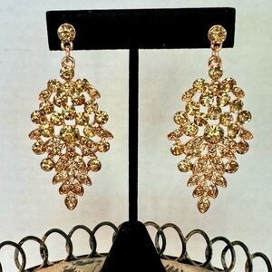 Rose Gold Tone Rhinestones Bling Long Rhombus Shape Drop Dangle Post Earrings